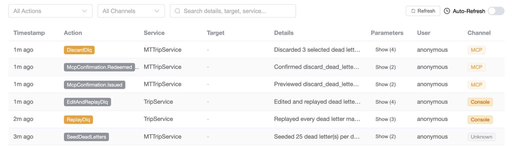 The Audit Log: a DiscardDlq row and its McpConfirmation.Issued and Redeemed rows on channel MCP, and EditAndReplayDlq and ReplayDlq rows on channel Console