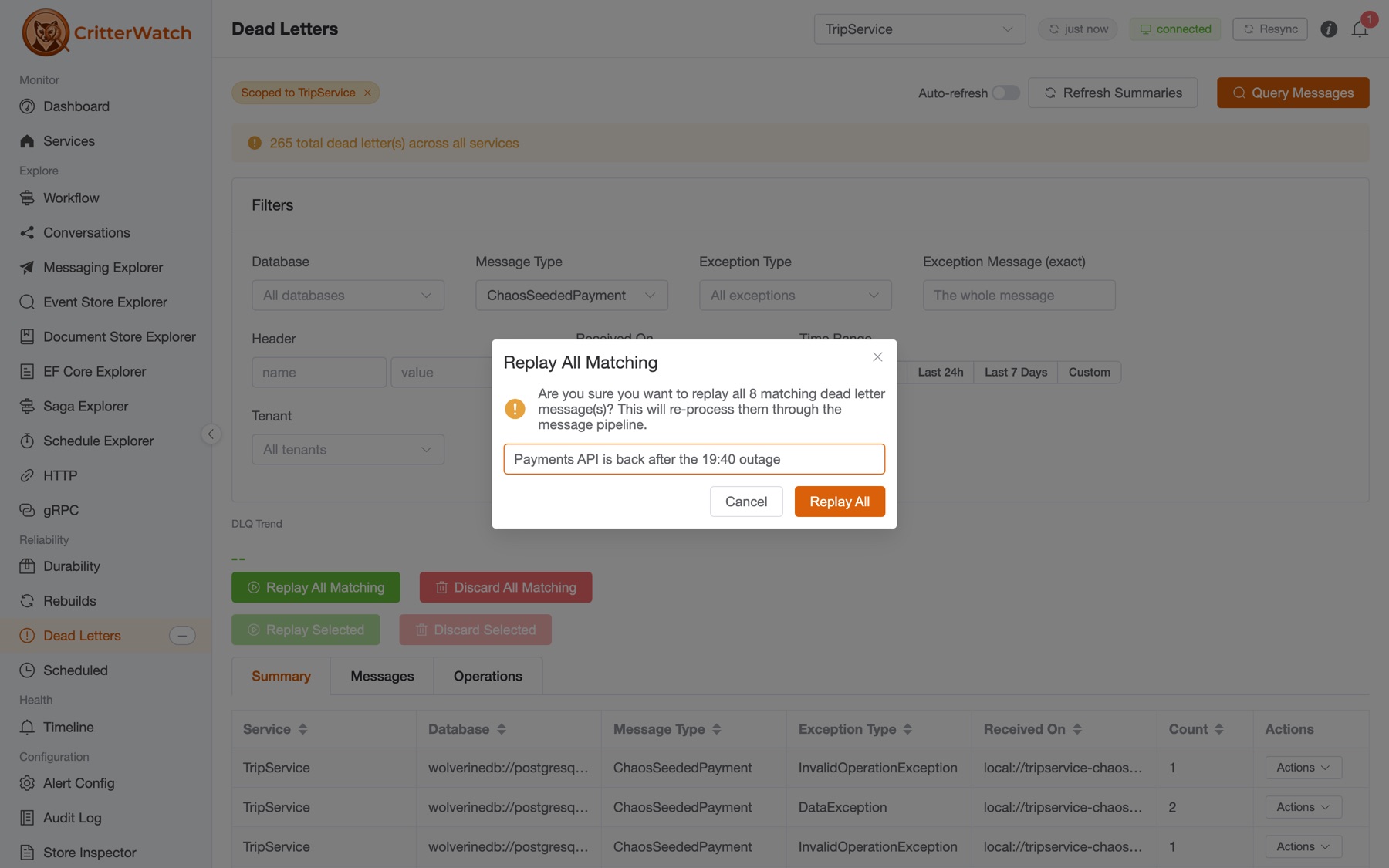 The Replay All Matching confirmation quoting "all 8 matching dead letter message(s)" with an optional reason typed in: "Payments API is back after the 19:40 outage"