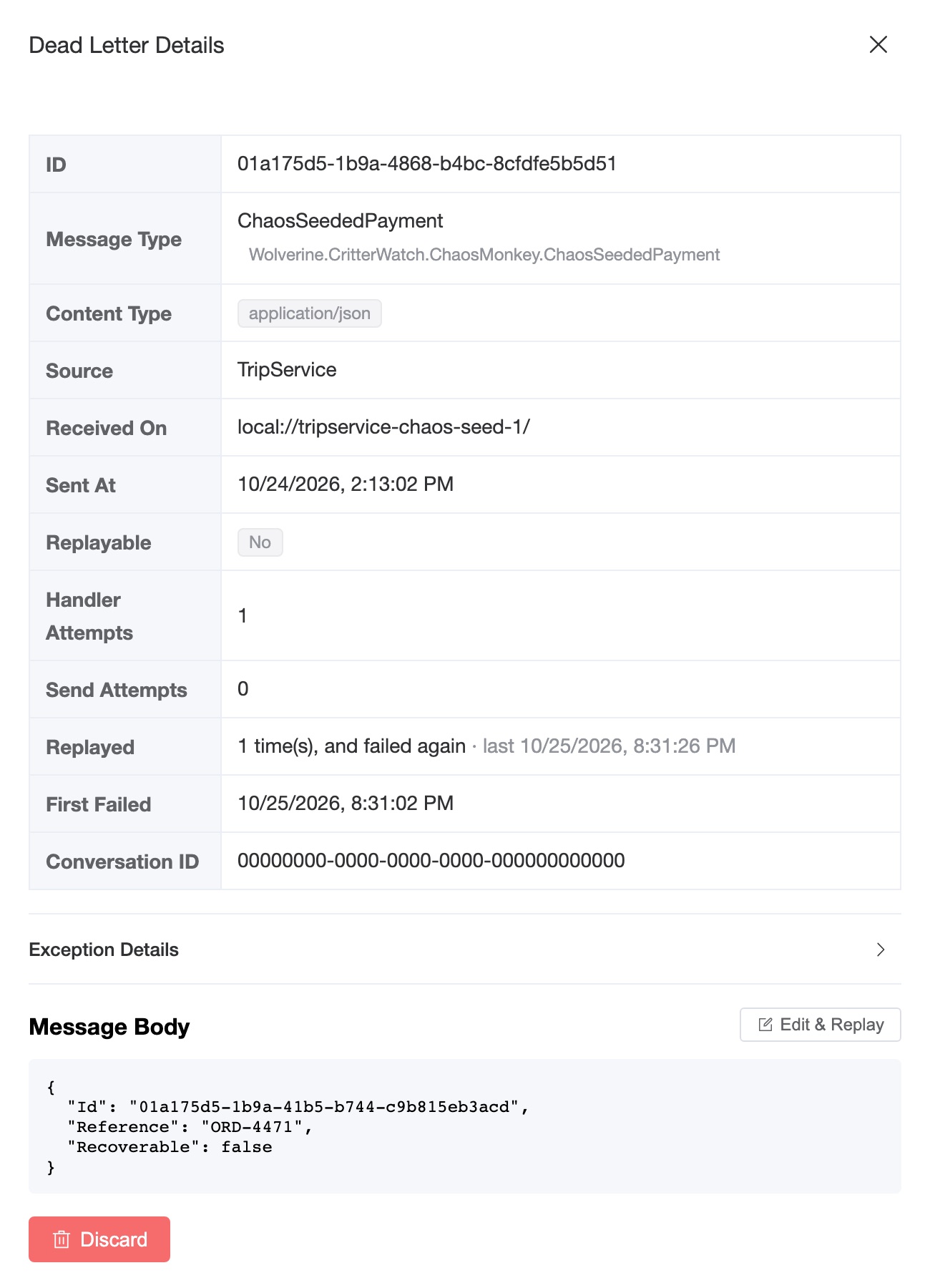 The Dead Letter Details drawer: the envelope fields, a "Replayed: 1 time(s), and failed again" row from Wolverine 6.54's replay history, and a message body with "Recoverable": false