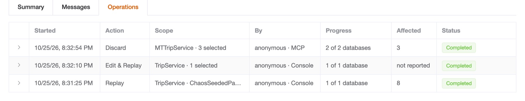 The Operations tab with an MCP Discard of MTTripService · 3 selected by anonymous · MCP, "2 of 2 databases", 3 affected, above an Edit & Replay and a Replay from the Console