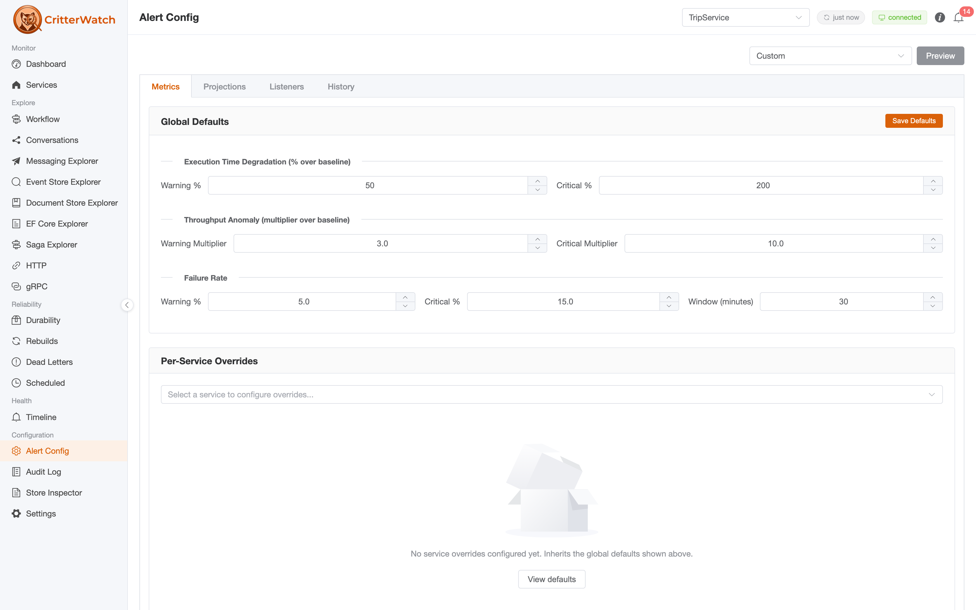 The Alert Config page — global defaults for execution-time degradation, throughput anomaly, and failure rate, with a per-service override section